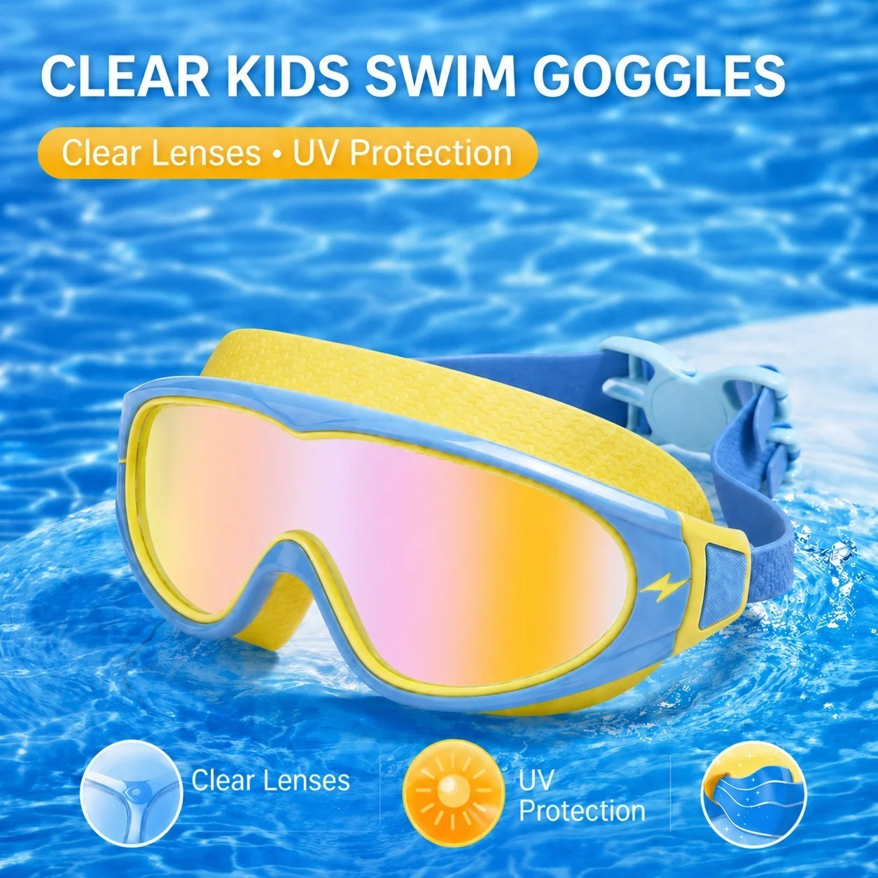 Swimming Goggles for Boys & Girls (3-15 Years) – Big Frame HD View, Anti-Fog