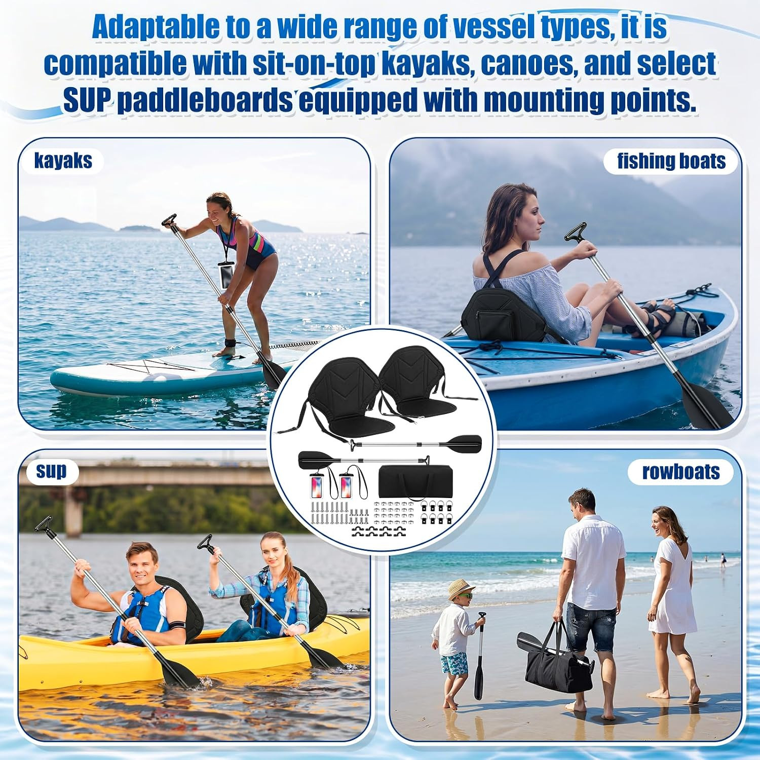 2 Pack Kayak Seats with Back Support and 2 Telescoping Paddles Kayak Seat and Pa