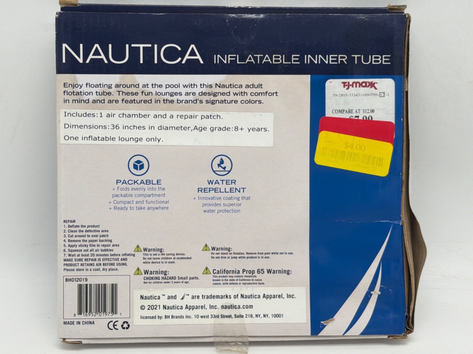 Nautica Inflatable Inner Tube With Repair Kit 36-Inch Diameter Water Repellent &