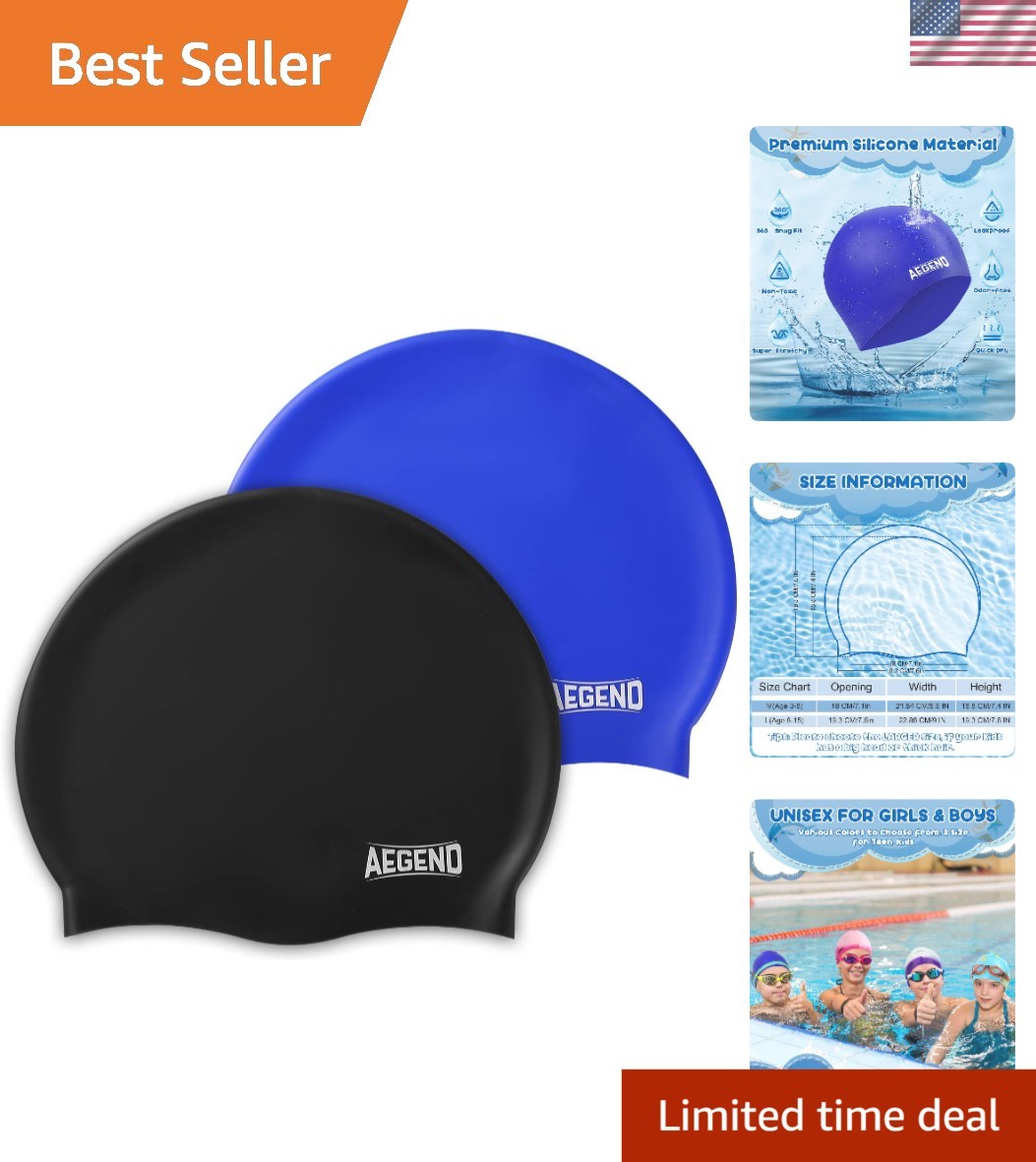 Durable Kids Swim Cap 2-Pack – Comfortable Waterproof Silicone, Unisex Ages 3-15