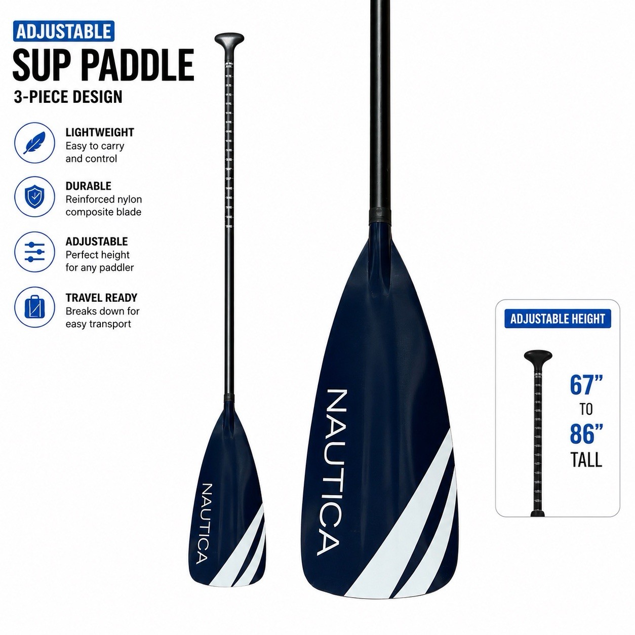 Nautica Adjustable SUP Paddle For Paddle Board, 3 Piece, Lightweight Aluminum
