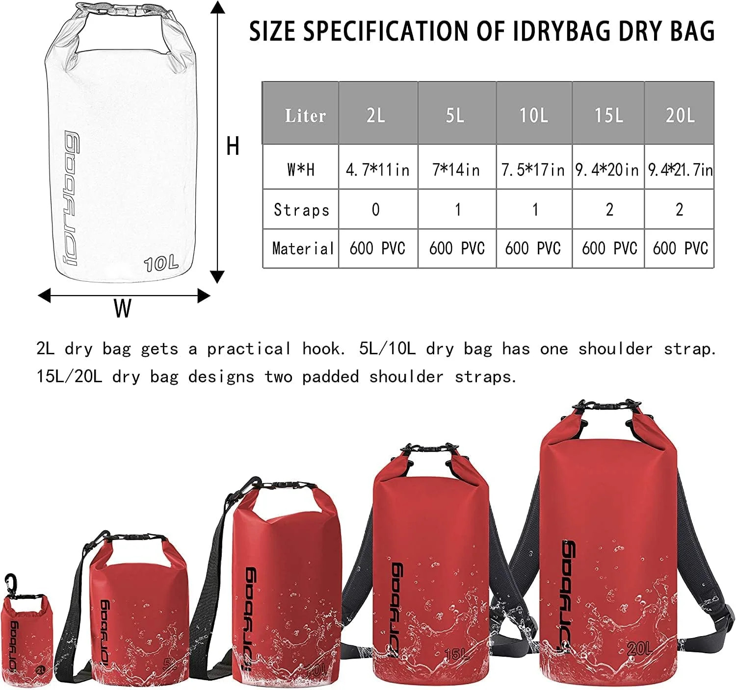 IDRYBAG Dry Bag for Kayaking Waterproof 2L/5L/10L/15L/20L, Small Dry Sack Waterp
