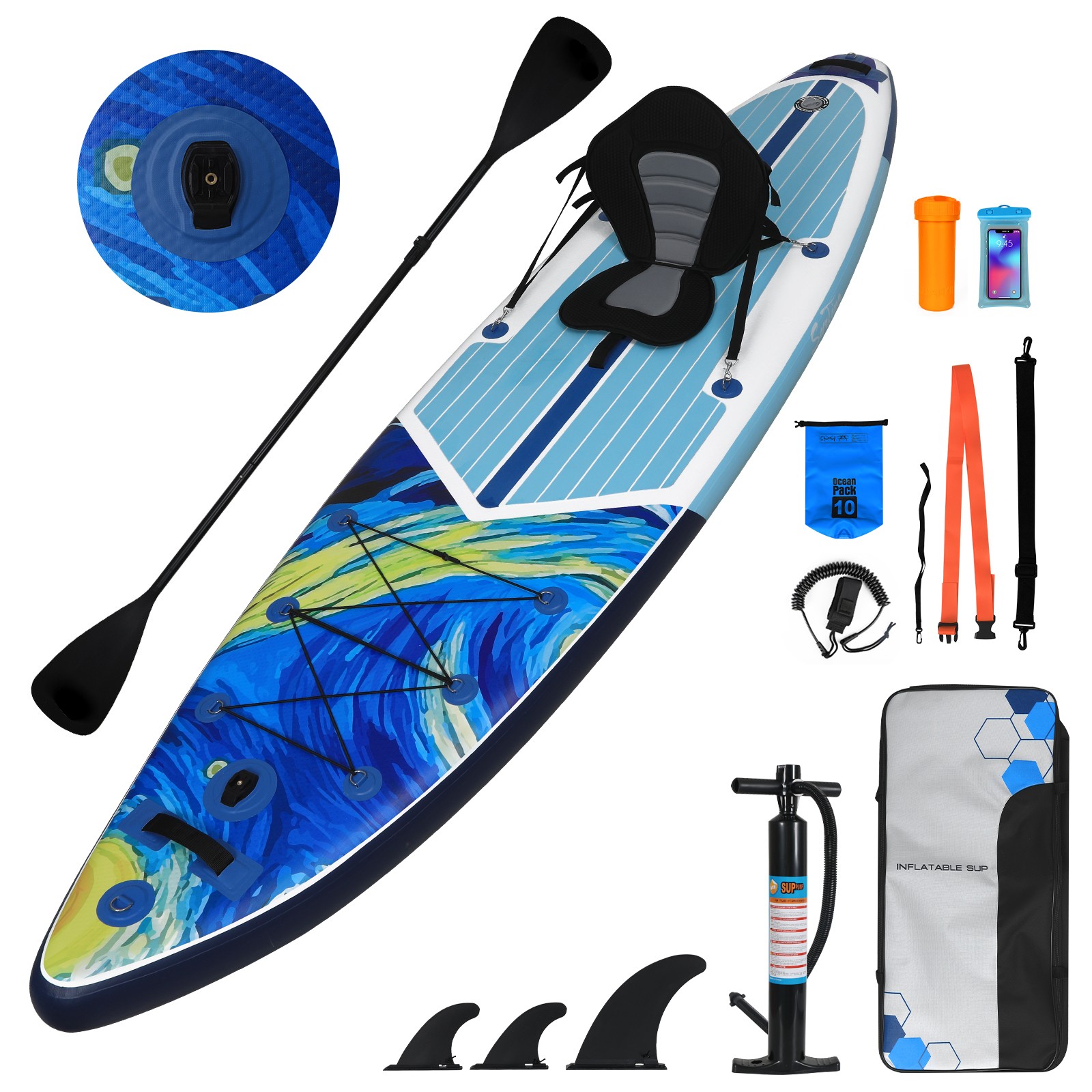11FT Inflatable SUP Surfboard 33″ Wide 330LBS Kayak Seat 3-Fin Complete System
