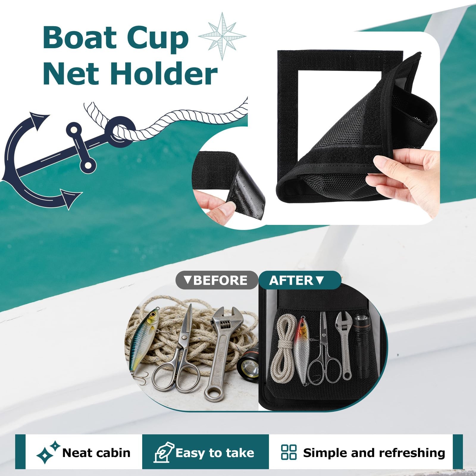 4 PCS Boat Storage Bags 6.5×7.5 Inch SelfAdhesive Mesh Marine Organizer Net