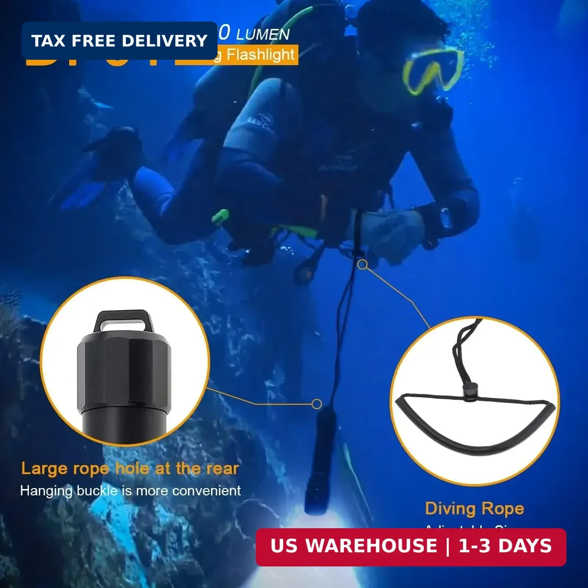 SecurityIng DF01 Scuba Diving Light, 1500 Lumens Mechanical Twist On/Off Underwa