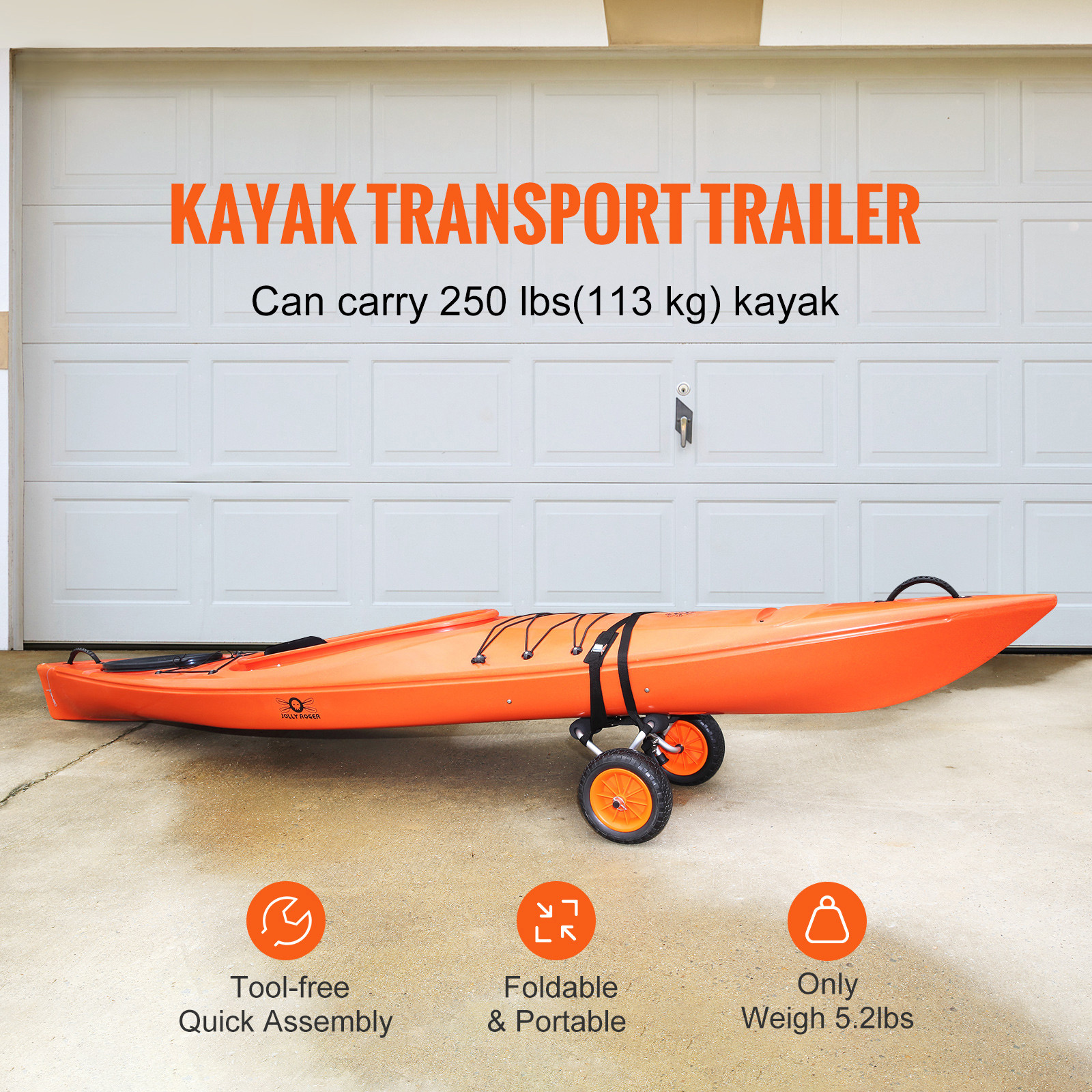 VEVOR 250lbs Foldable Kayak Canoe Boat Carrier Dolly Cart with 10” Solid Tires