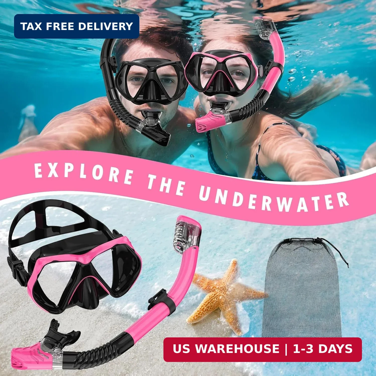 Adult Snorkeling Gear Set Dry Top Mask Anti Fog Goggles HD Tempered Glass Travel