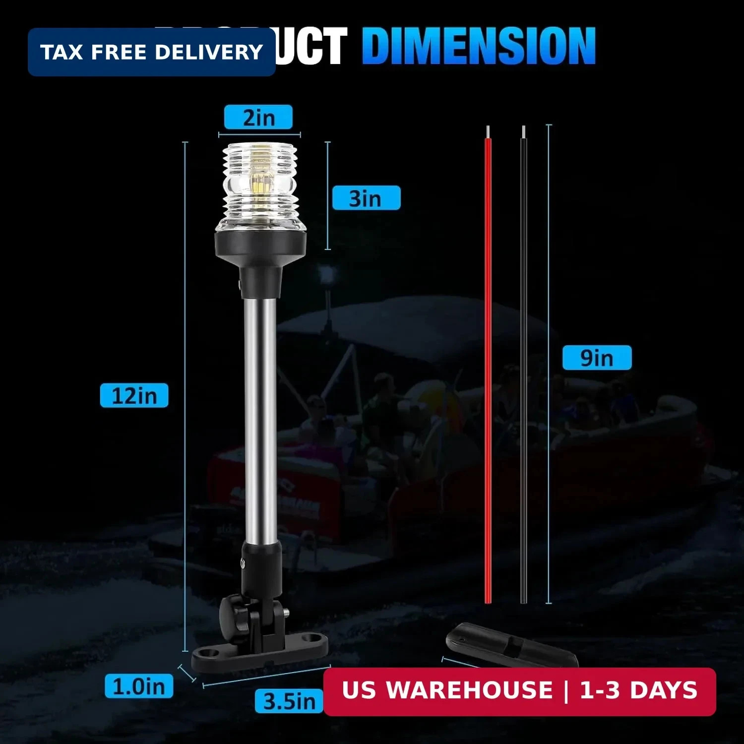 12 Inch Stern Light Bimini Top Anchor Light, LED Pontoon Navigation Lights Water