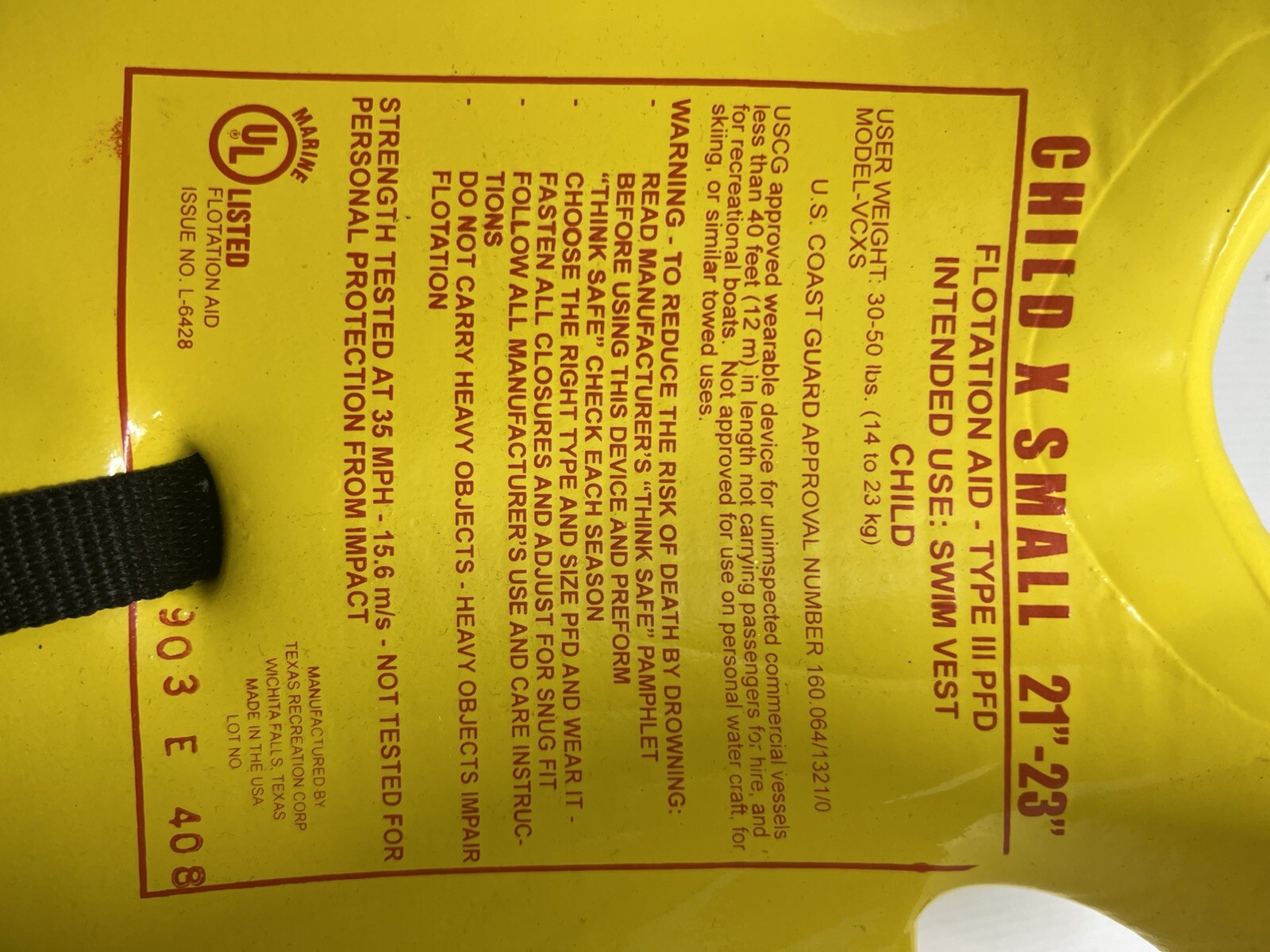 Texas Recreation Super Soft Vinyl-Coated X Small Child’s Life Jacket – Yellow