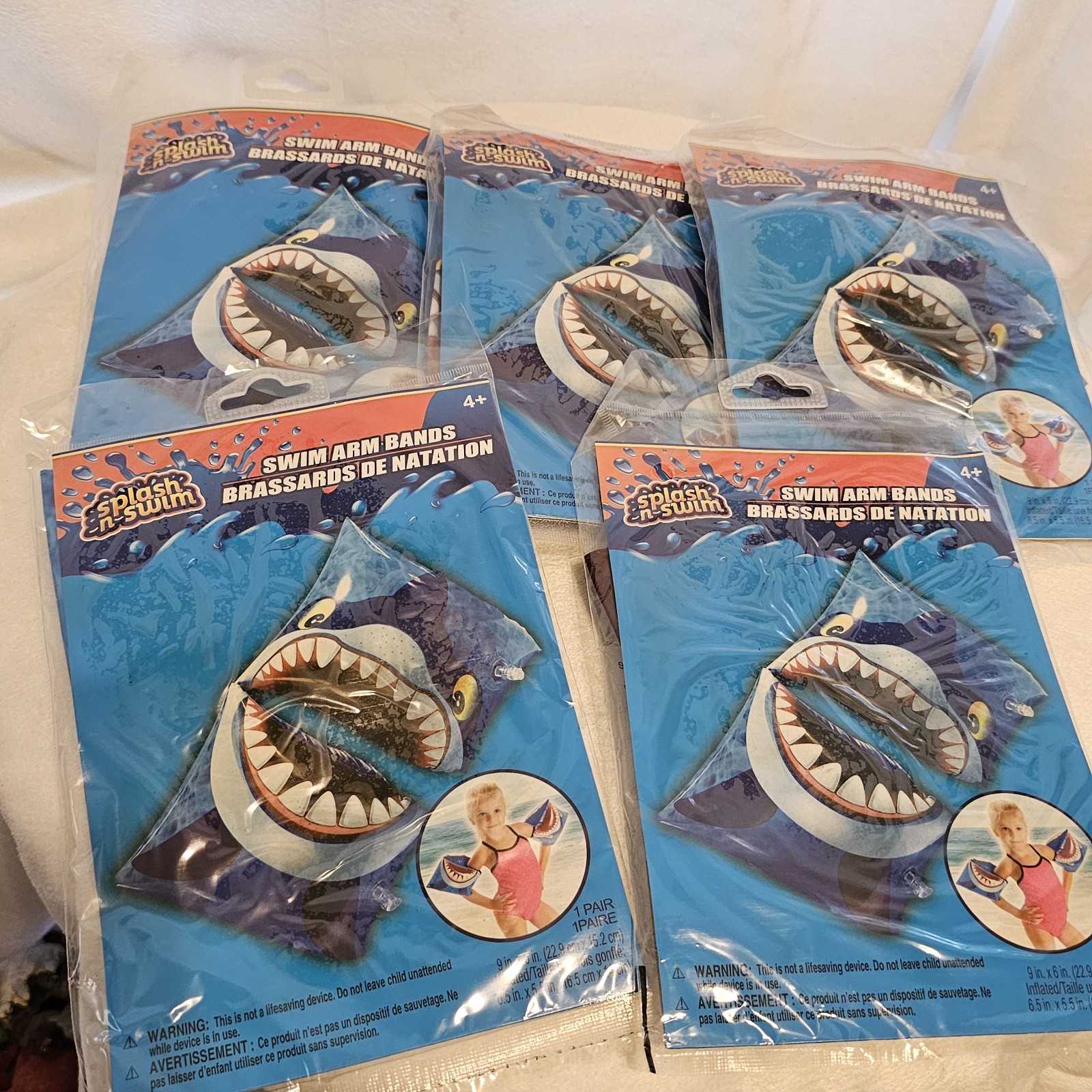 Lot Of 5 Splash N Swim Arm Bands Printed Inflatable Shark Pool Beach Kids NEW