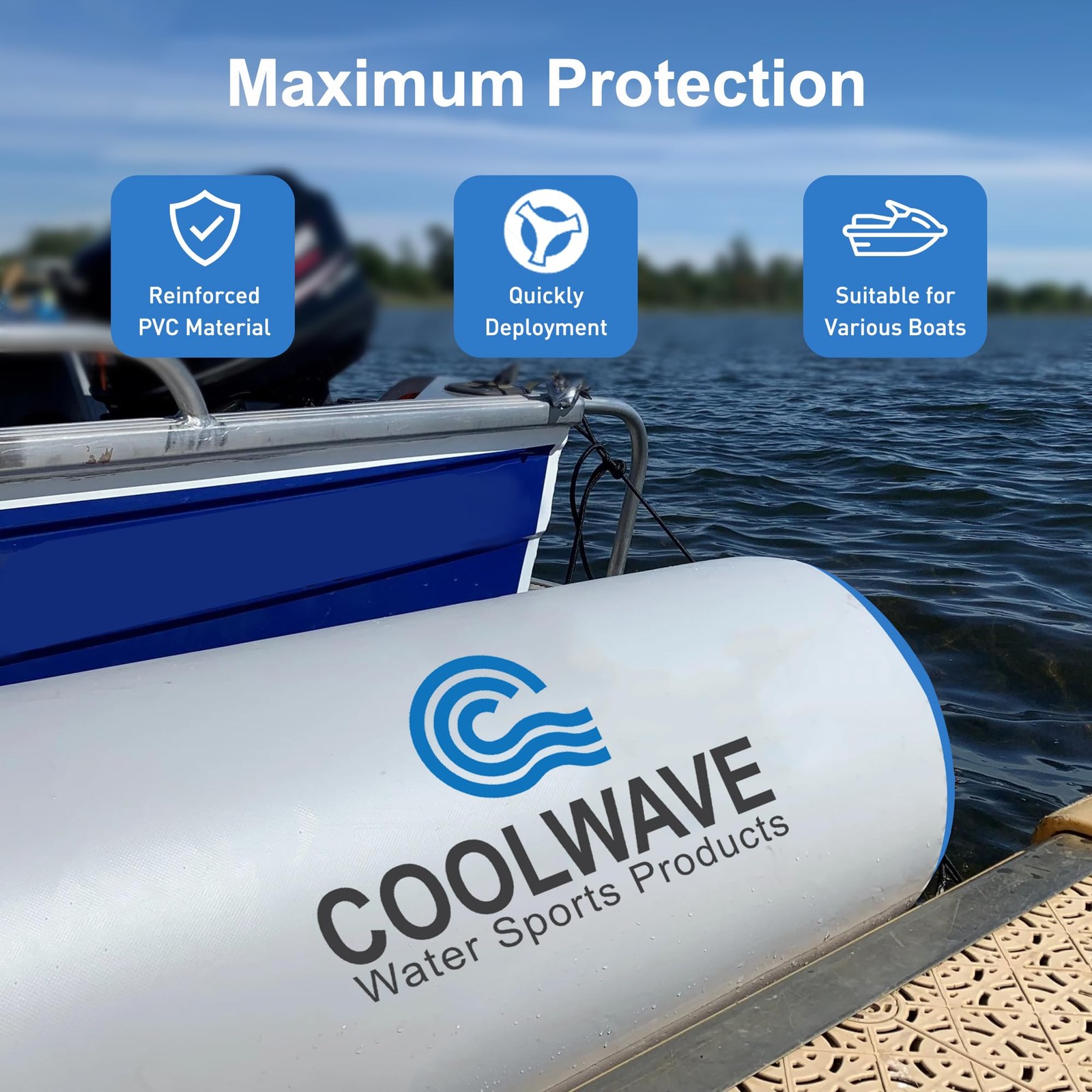 COOLWAVE 10FT Inflatable Boat Fenders, Upgraded 10’x18″, ‎Grey-Blue
