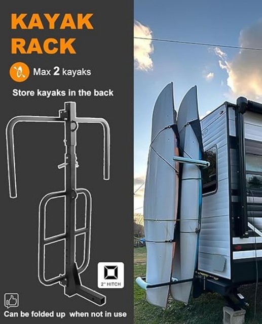 RV Hitch Mount Kayak Rack Height Adjustable Vertical Carrier for 2 Kayaks 150LBS