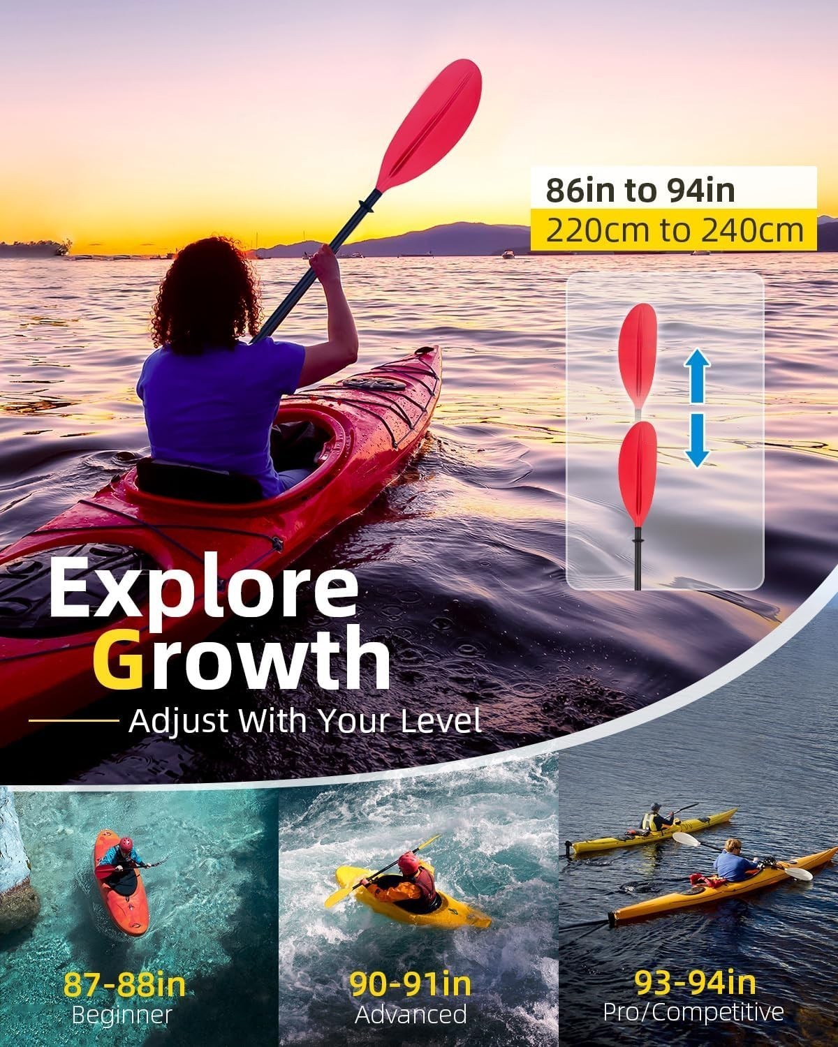Adjustable Carbon Fiber Kayak Paddle 220-240cm Lightweight Durable Adult Oar HD