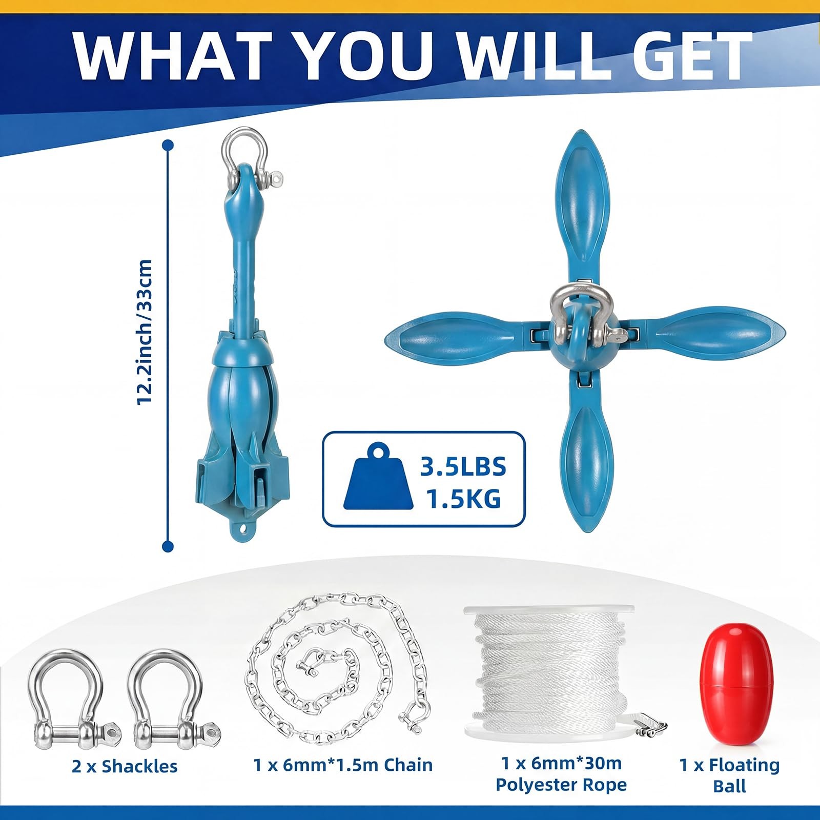 4 Pcs 1.5/3.5 lb Kayak Anchor Kit, Folding Galvanized Paddle Board Anchor wit…