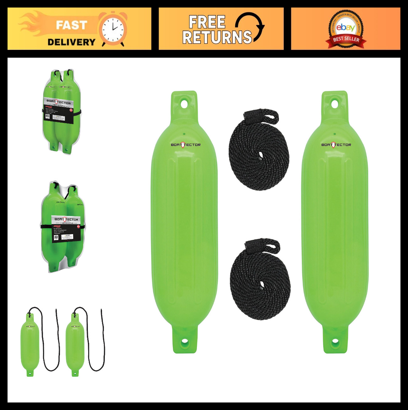 Inflatable Boat Fenders 2-Pack – 4.5″ x 16″, Neon Green, Durable Protection