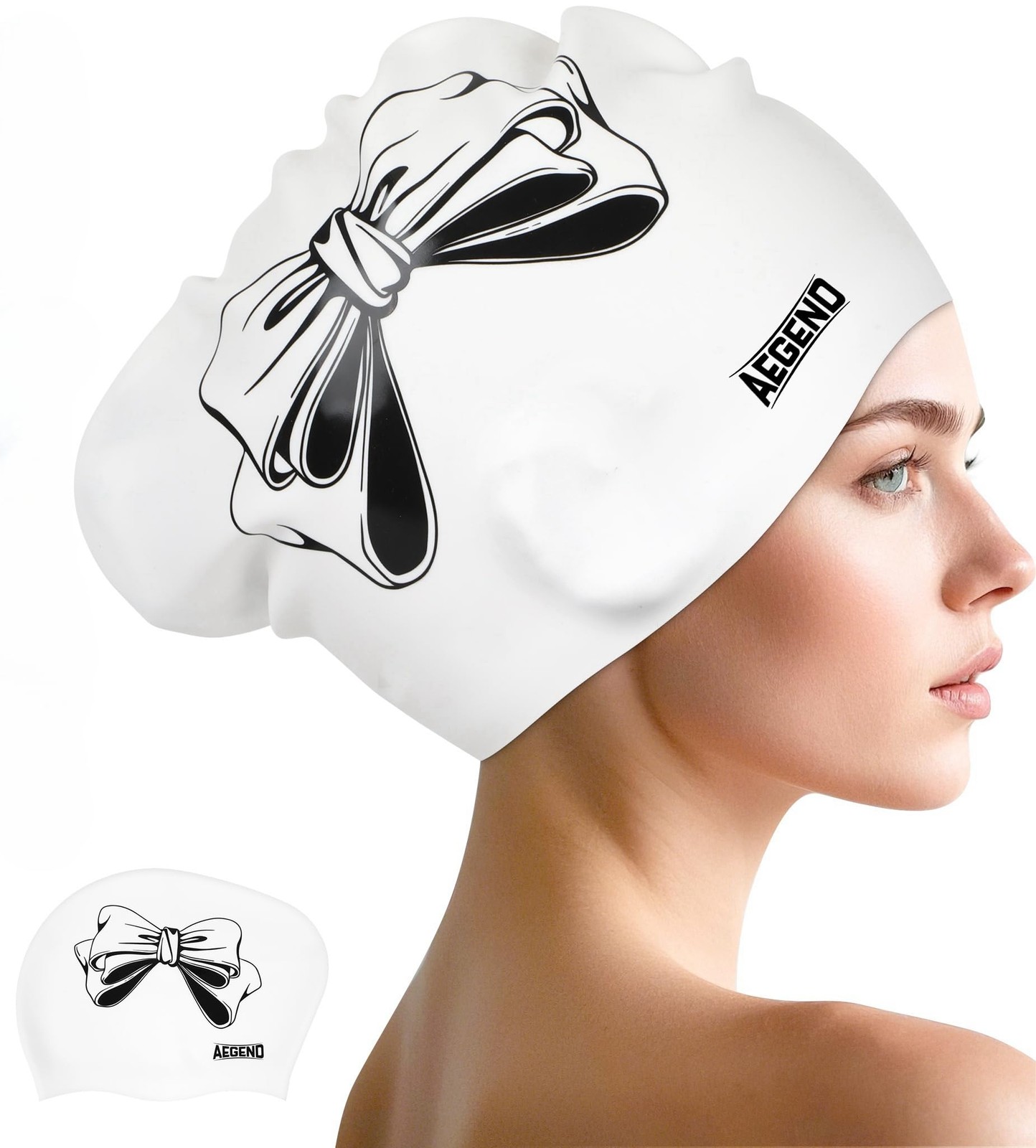 Aegend Swim Caps for Long Hair, Durable Silicone White Black Bow – 1 Pack