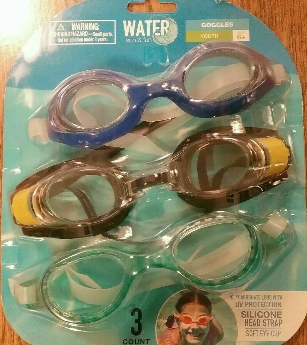 WATER SUN & FUN Swim Goggles Polycarbonate lens w/UV Protection 3 pack Youth 8up