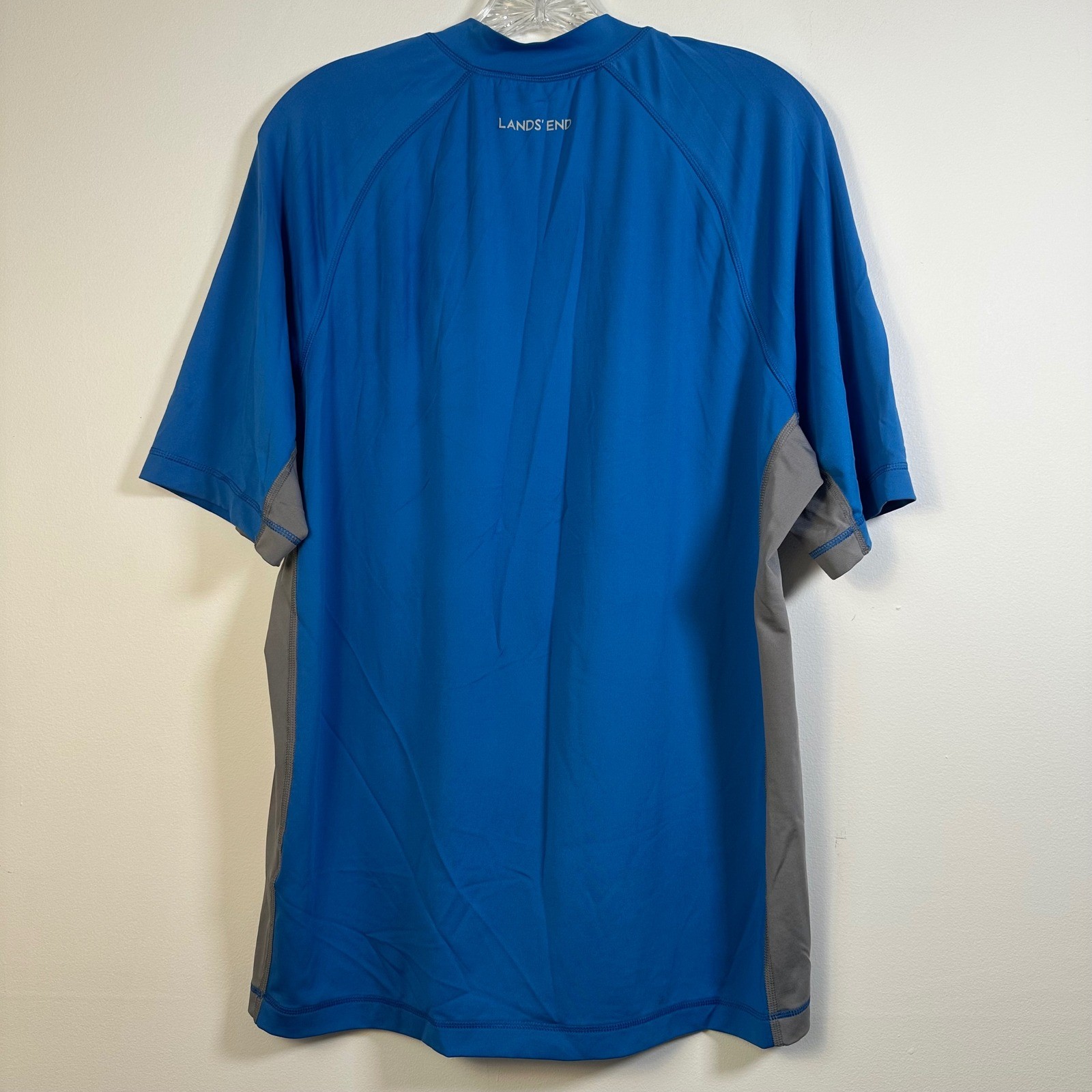 Lands End Mens Blue Gray Quarter Zip Short Sleeve Rash Guard Swim Shirt L 42-44