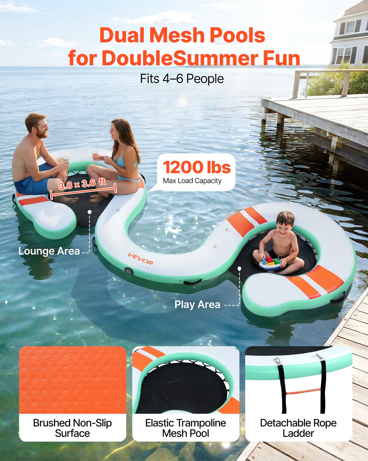 VEVOR Inflatable Floating Dock 15 x 6 FT with Portable Bag & Detachable Ladder