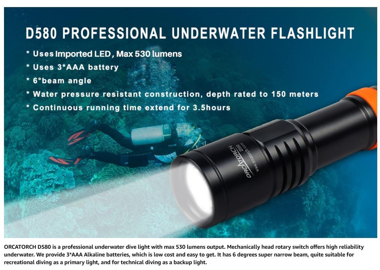 ORCATORCH D580 Scuba Dive Light, Max 530 Lumens Underwater Flashligh w/ 6Degrees