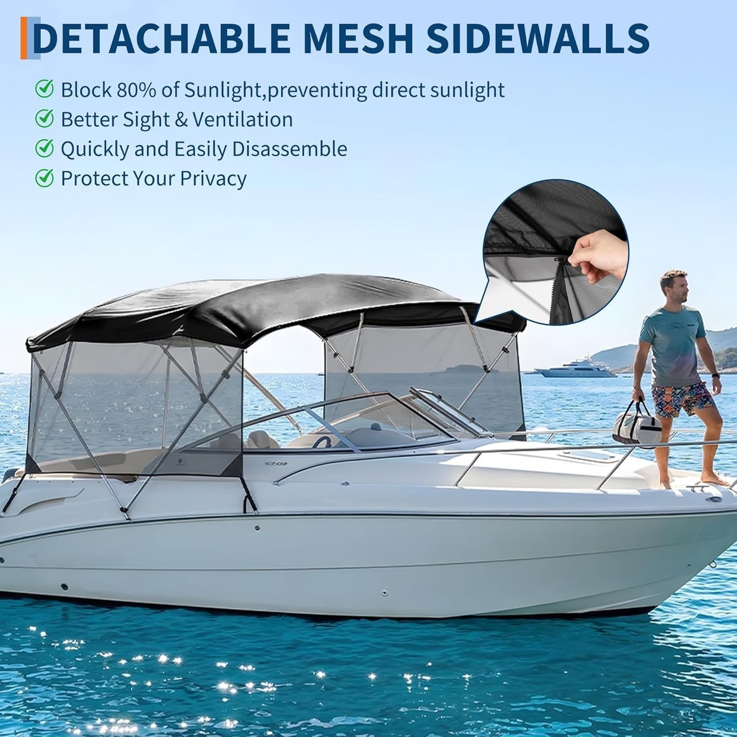600D 4 Bow Bimini Replacement Canvas 8FT Boat Sun Shade Side Walls