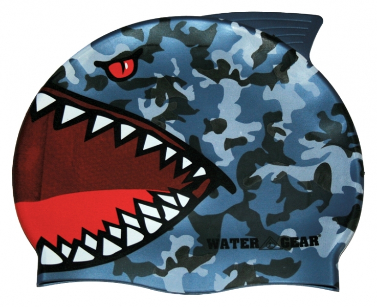 BLUE Gray Black Camouflage SHARK Silicone Swim Cap with Fin Swimming Lessons NEW