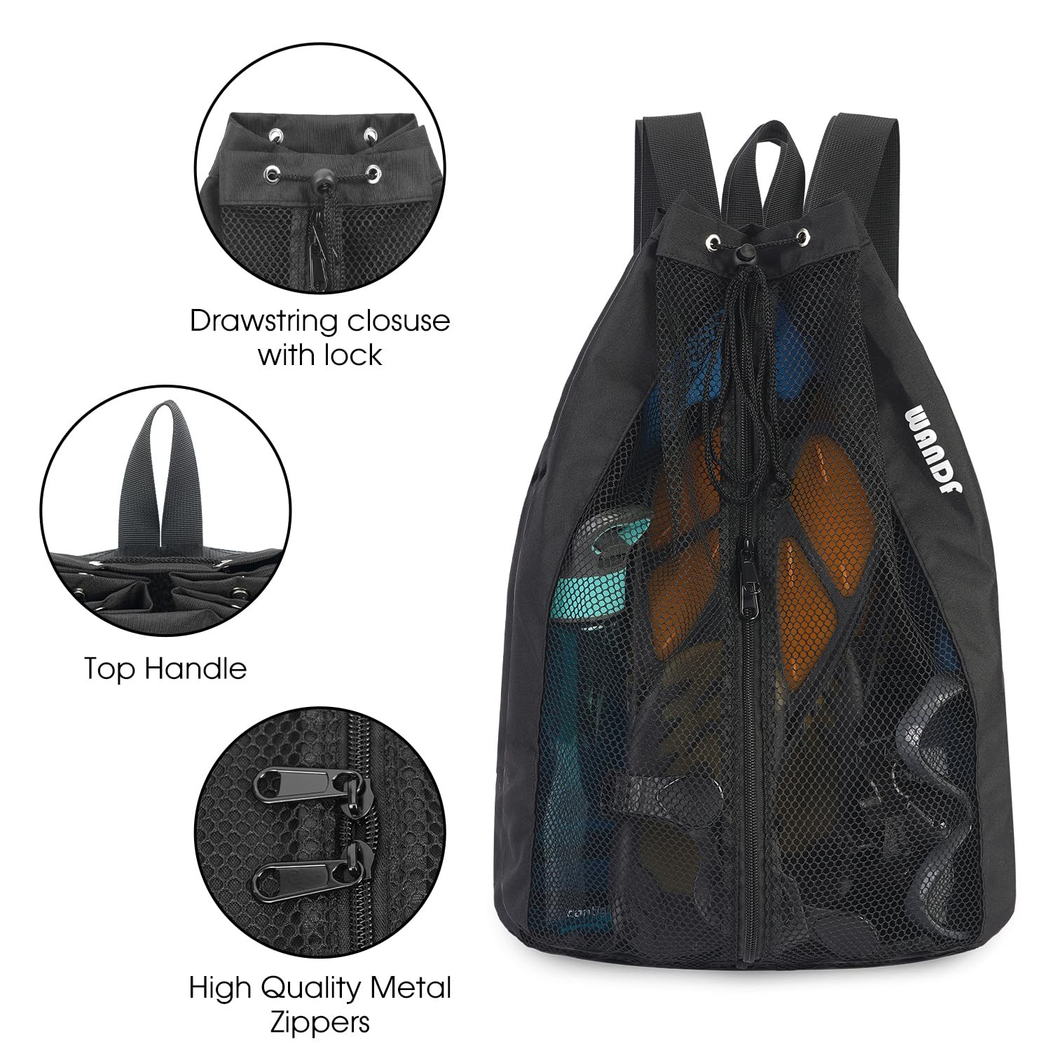 Black Mesh Drawstring Swim Bag for Swimmers with Wet Pocket Adjustable Beach