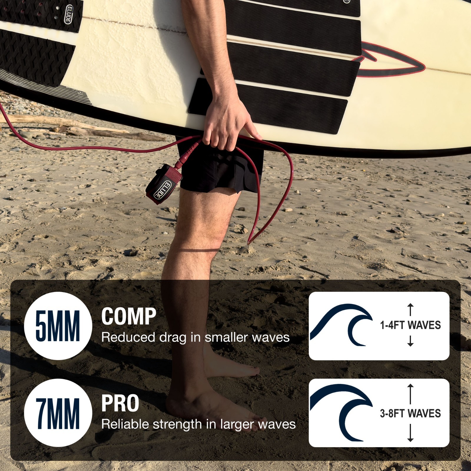 ELUDE Surfboard Leash 6ft (5mm Comp) Maximum Strength (White)