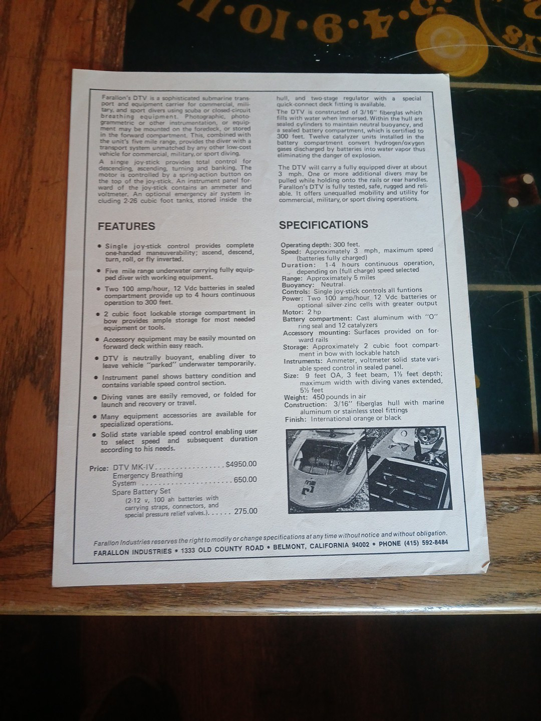RARE FARALLON DIVER TRANSPORT VEHICLE 1 PAGE ADVERTISEMENT Vintage