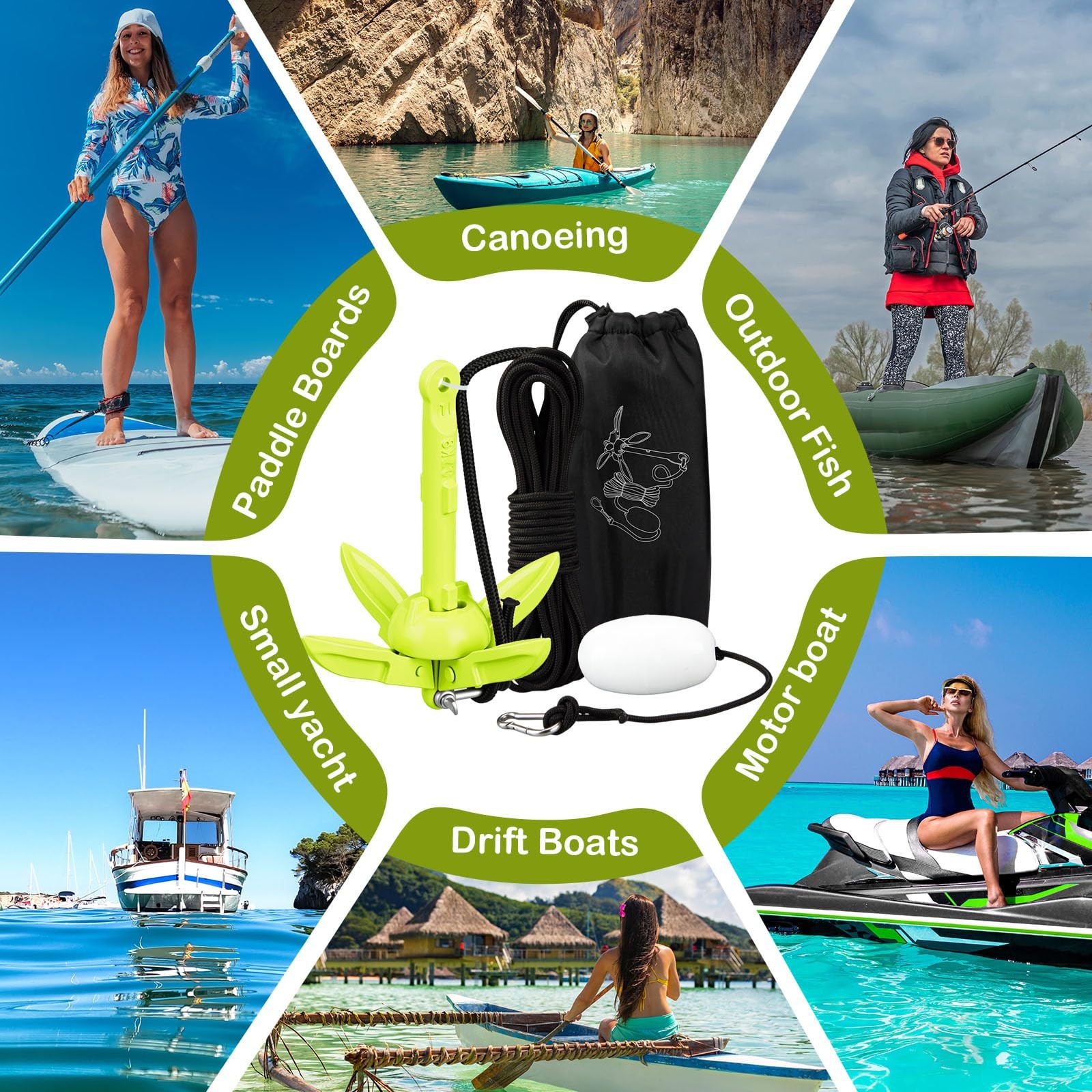 1 Pack 1.5/3.5 lb Marine Kayak Anchor Kit with 40ft Rope and Buoy Folding Gra…