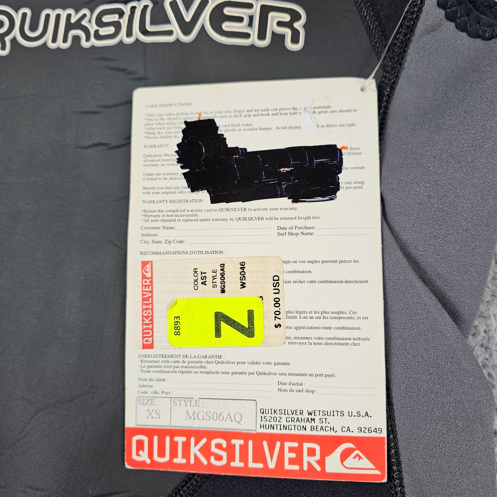 Quicksilver Wetsuit Youth XS Black Gray GS210 Back Zip Sleeveless Shorts NWT