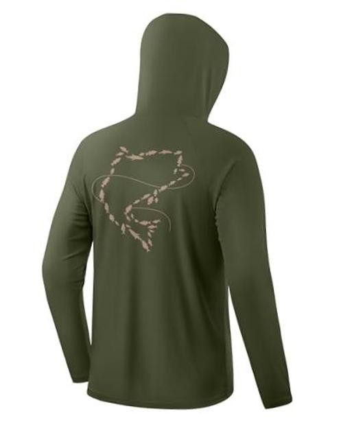 Men’s Sun Protection Hoodie Shirts UPF 50+ Long Sleeve Large Army Green/Fish
