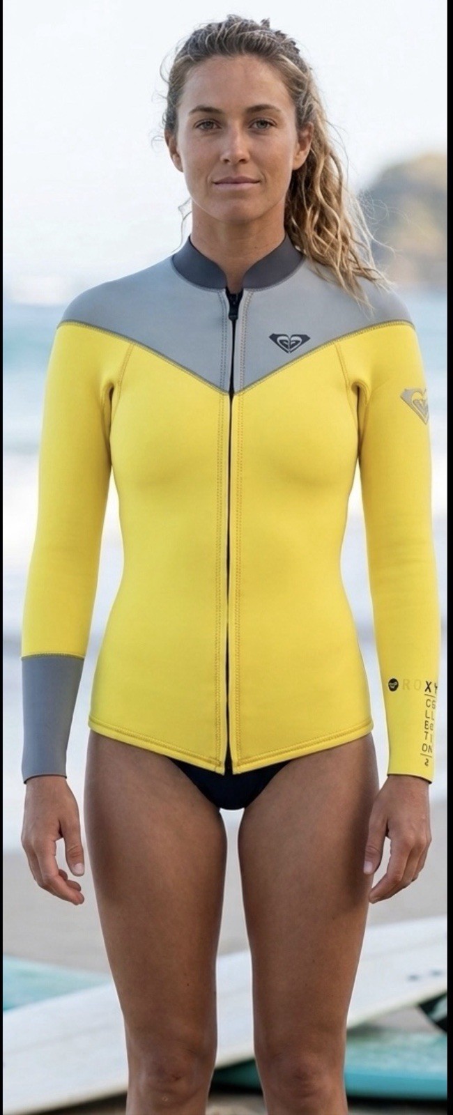 Roxy Women 2mm XY Front Zip Wetsuit Jacket Yellow Grey Surf Top Size 10 NWT