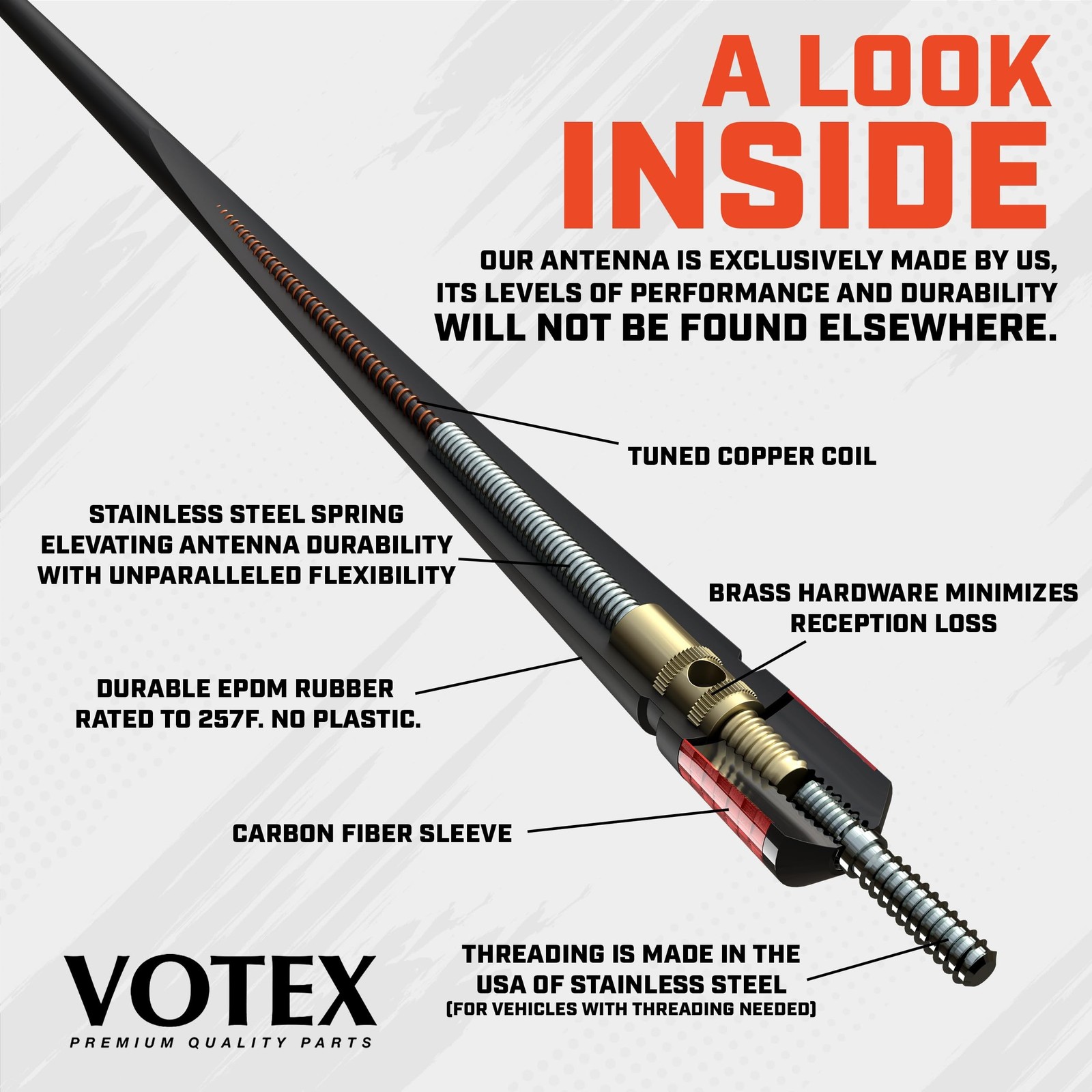 Votex – The Spartan – 13 3/4 Inch Rubber Antenna – USA Stainless Steel Thread…