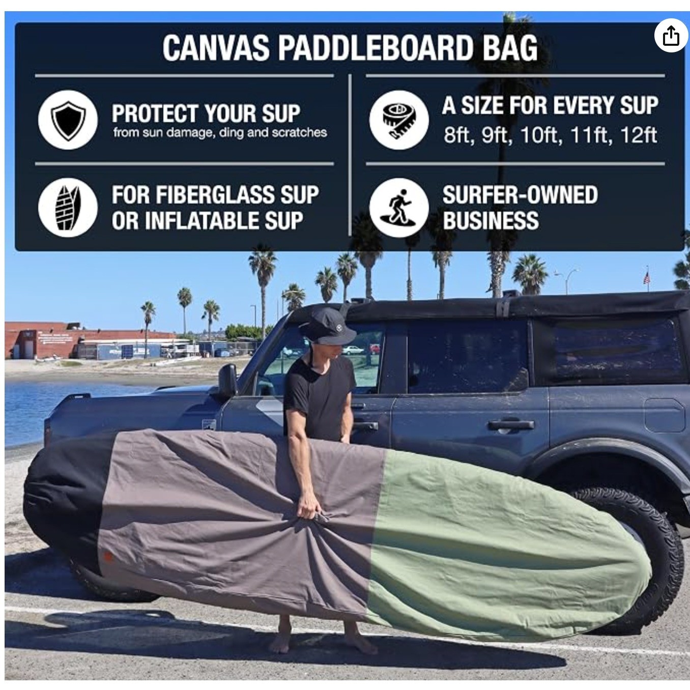 Ho Stevie! Canvas SUP Bag Canvas Cover 12′ Black Gray Green Paddleboard Outdoor