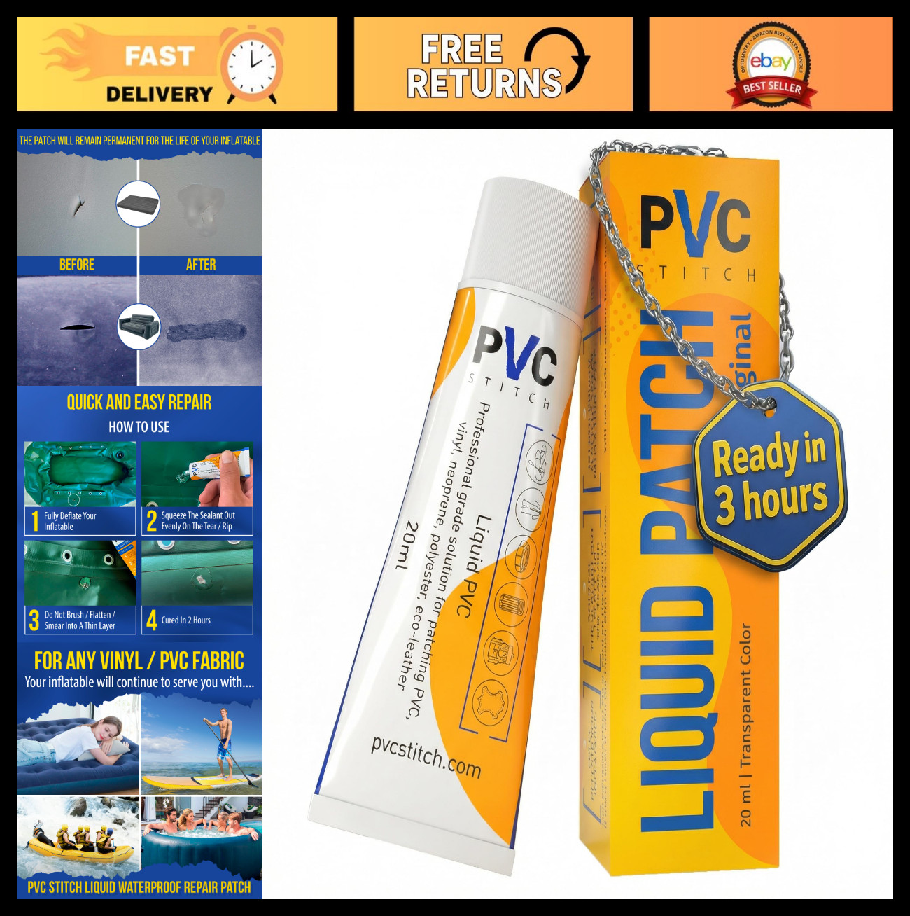 Heavy Duty PVC Stitch Liquid Patch Kit for Air Mattresses, Boats, Rafts & More –
