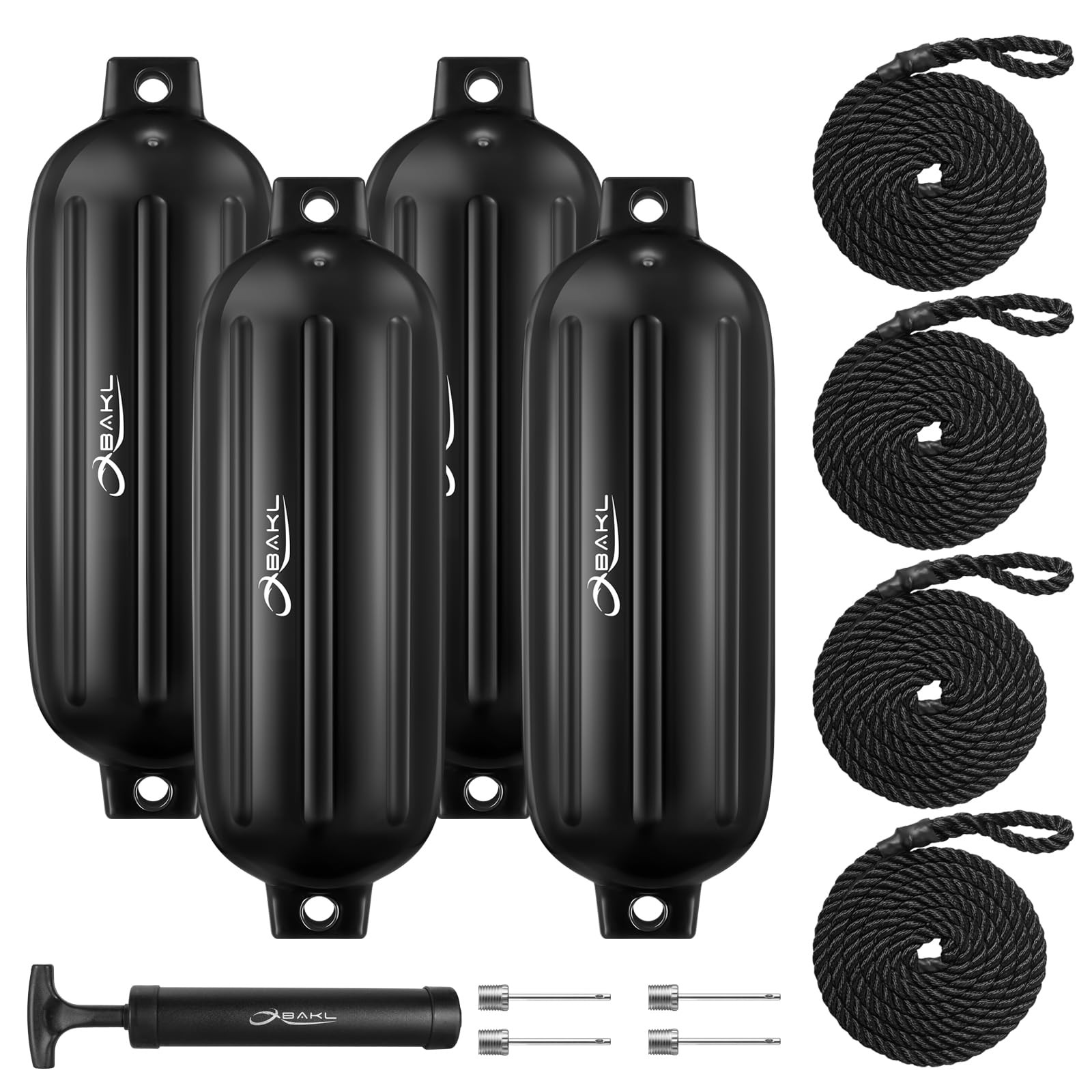 OBAKL Boat Fenders 4 Pack 8.5 x 27 Inches Ribbed Twin Eyes Obsidian Black