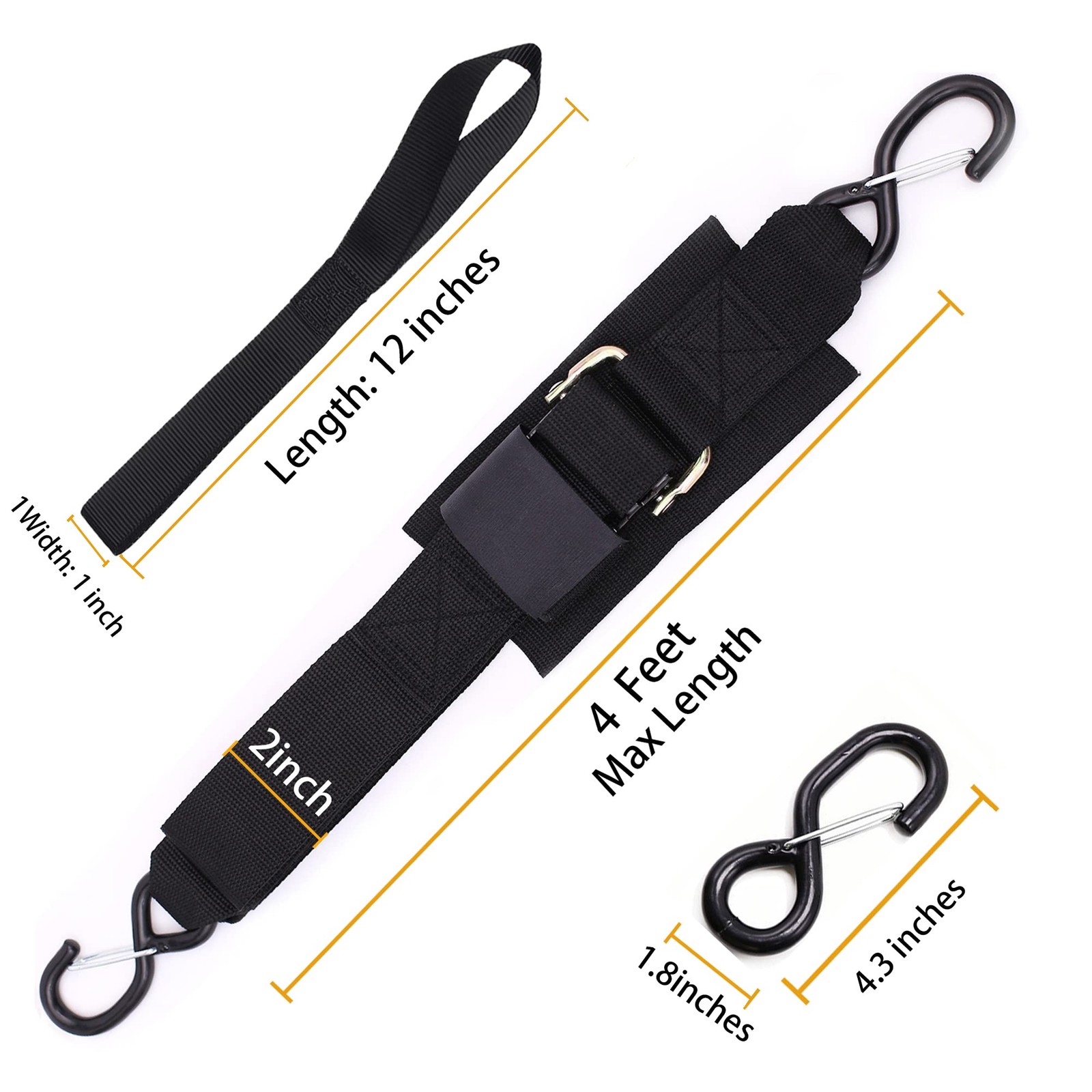 Boat Trailer Straps Transom Tie Down with 18 inches x 1 inch, black