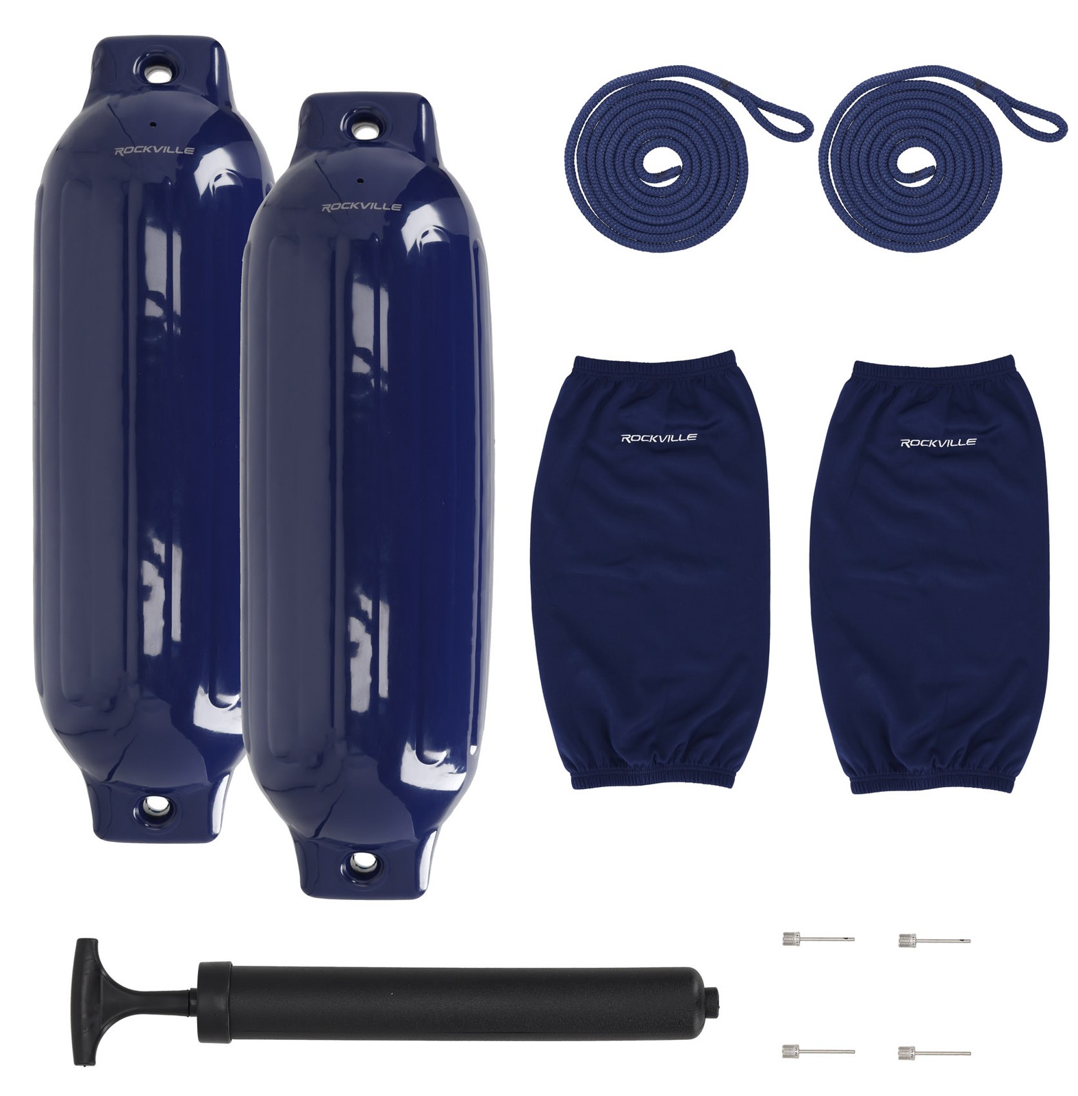 Rockville FEN285-NAVY BLUE 8.5″ Boat Fender Package 2 Bumpers, 2 Covers, 2 Lines