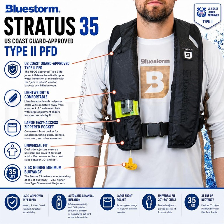 BLUESTORM Stratus 35 Self Inflating Life Jacket PFD for Adults USCG Approved