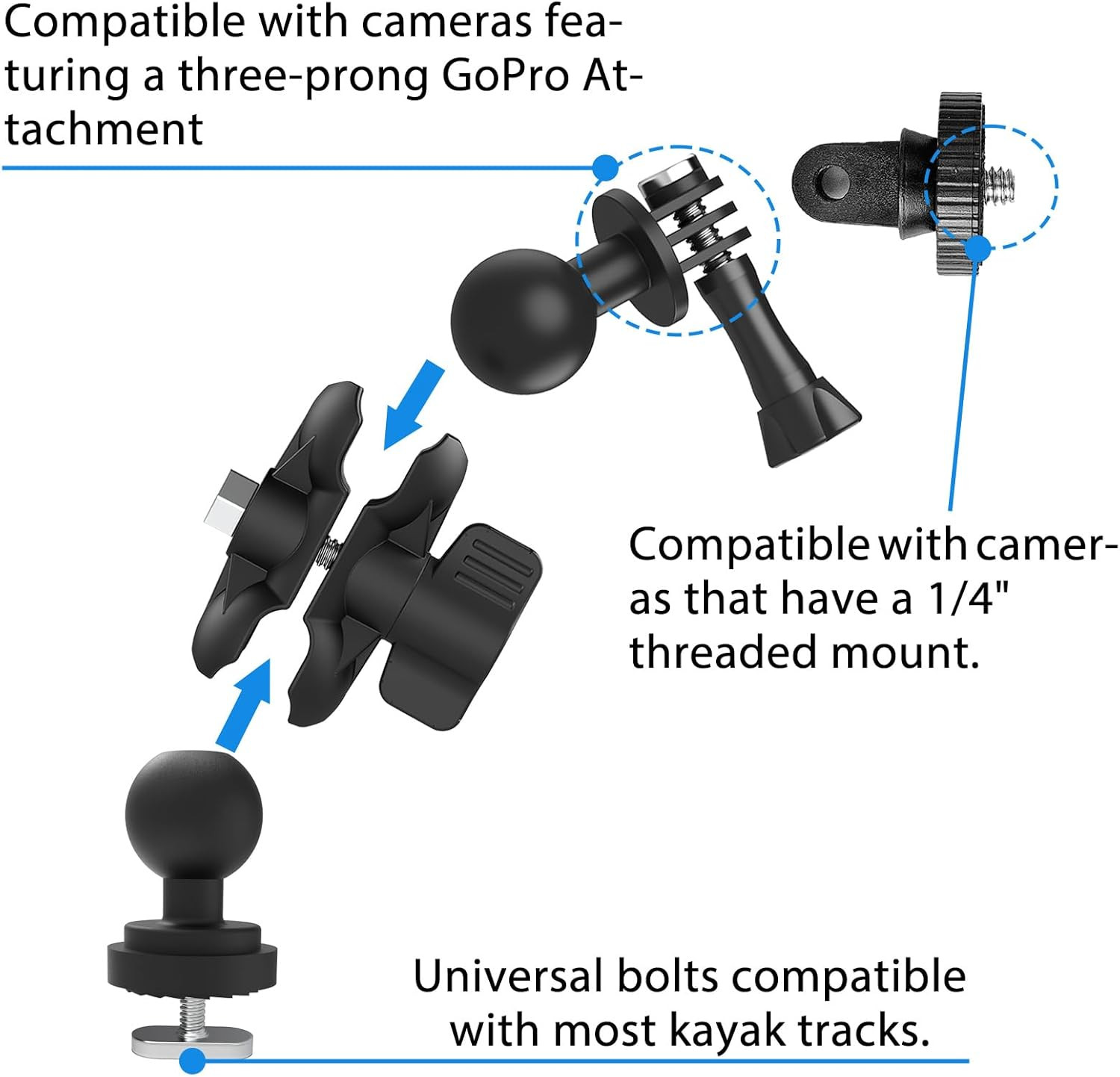 Universal Kayak Action Camera Mount 360 Degree Adjustable Kayak Rail Track Camer