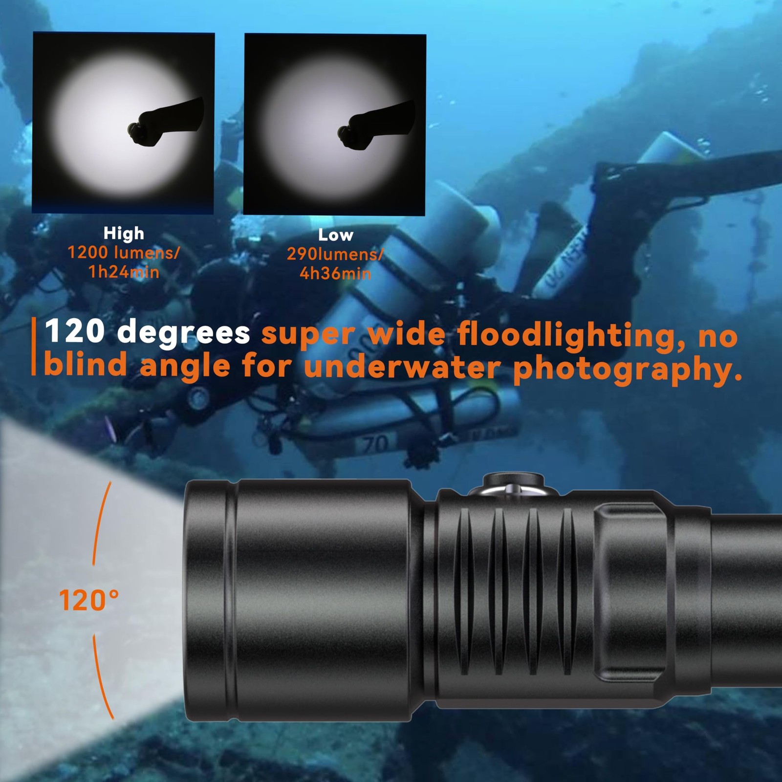 ORCATORCH D530V 1200 Lumen Scuba Diving Video Light 140 Degrees Super Wide Be…