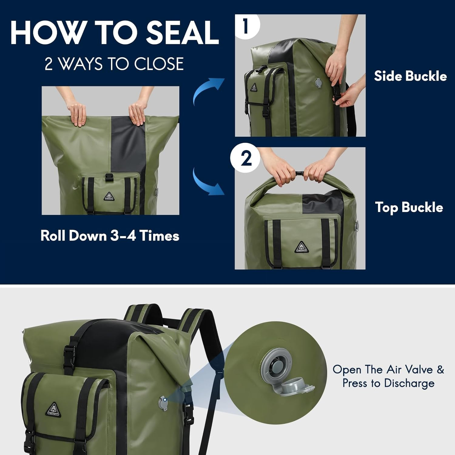 100L Waterproof Dry Backpack for Kayaking & Rafting – Army Green/Black