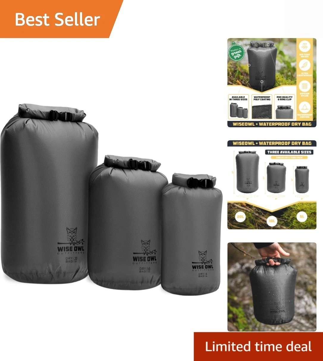 Waterproof Dry Bag 3-Pack – Lightweight & Airtight 5L/10L/20L Small & Large D…