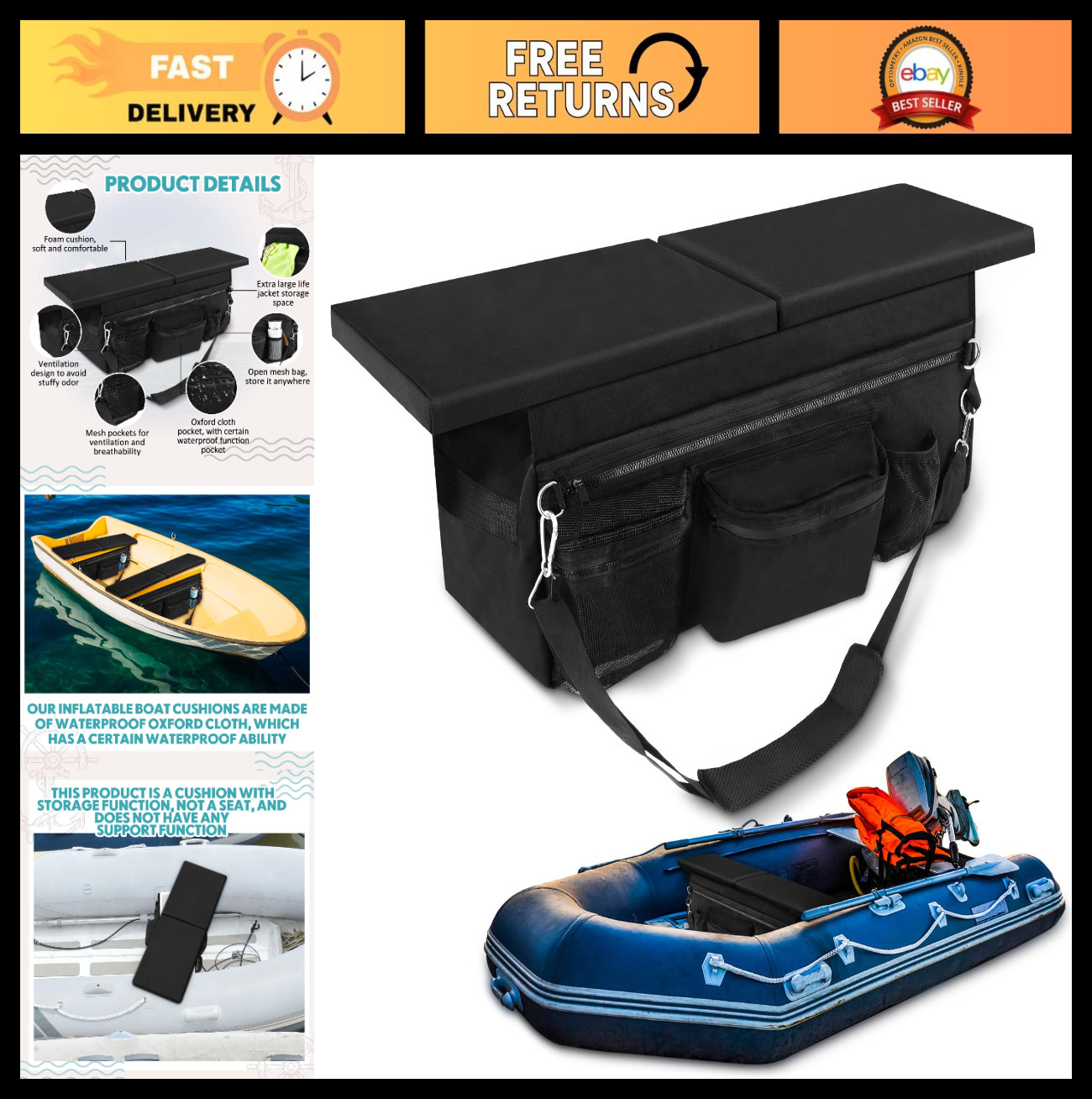 Inflatable Boat Seat Cushion & Underseat Bag with Pockets – Water Resistant Thic