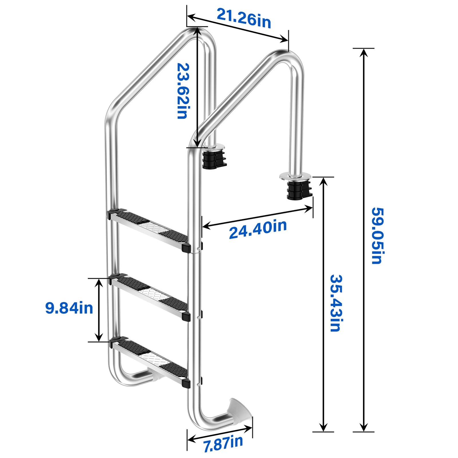 Swimming Pool Ladder 3-Step 304 Stainless Steel Non-Slip Rubber Pads Supports