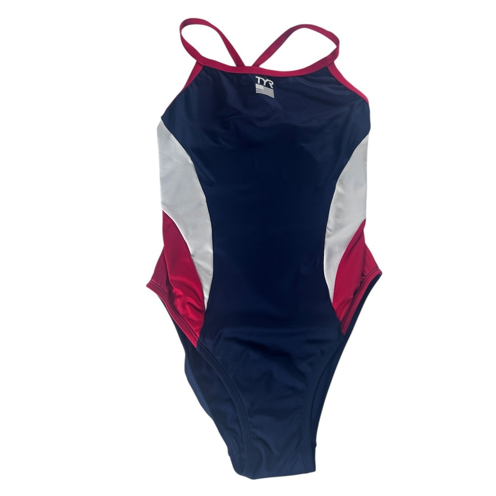 TYR Durafast Elite Diamondfit USA One Piece Swimsuit Navy Red White XL 38 NWT