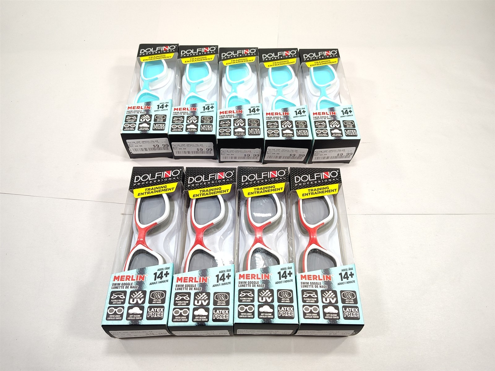 Dolfino 14+ Swim Swimming Goggles Box LOT of 9