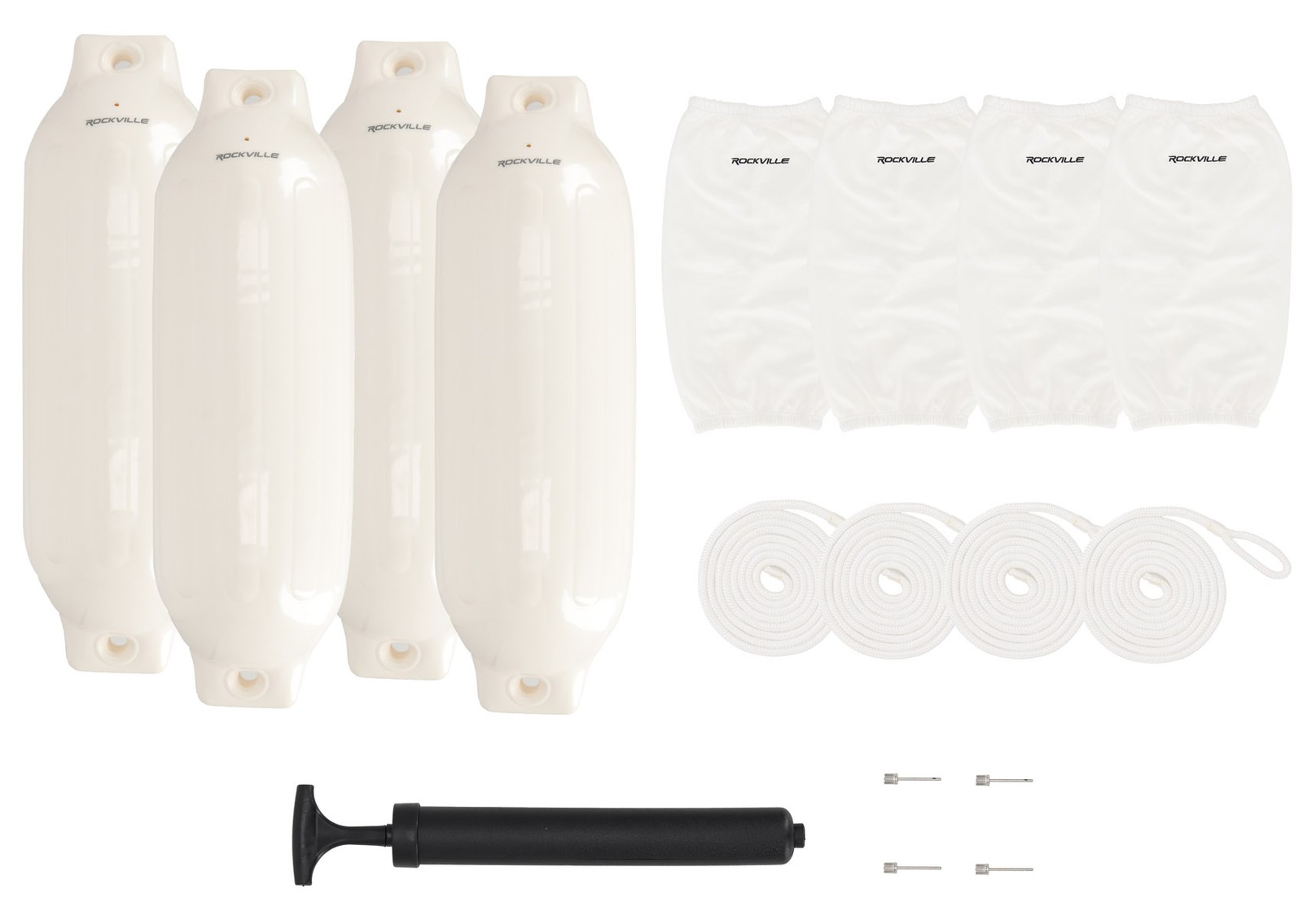 Rockville FEN485-WHITE Boat Fender Package 4 Bumpers 8.5″x27″, 4 Covers, 4 Lines