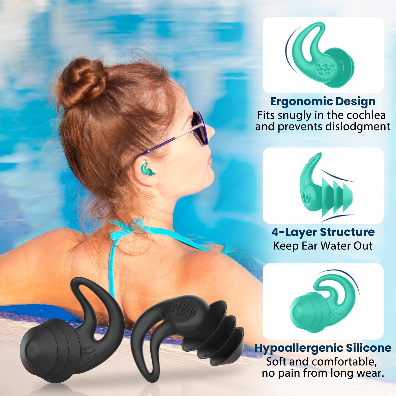 Waterproof Ear Plugs for 1 pair (Pack of 4), Black, Blue, Yellow, Green